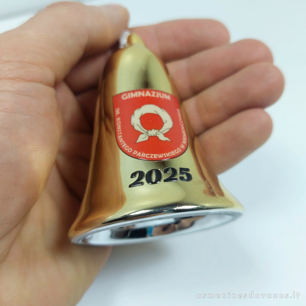 Spausdintas keramikinis varpelis aukso spalvos su kaspinu. Mokytojai.