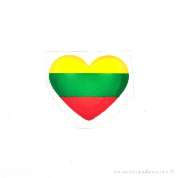 Lipdukas padengtas laku. Stiprus, nesibraižo. Lietuvos trispalvė širdelės formos.
