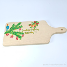 Pjaustymo lentelė, iš medienos, spausdinta eglės šaka su papuošimais. Kalėdų proga.