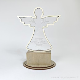 Apdovanojimas, angelas. Su graviruotu tekstu ant plexiglass stiklo skaidraus. Ant ąžuolo late spalvos pado.