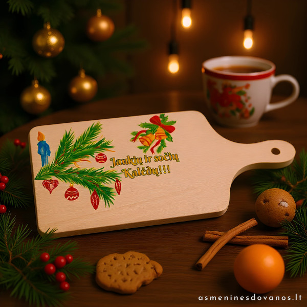 Pjaustymo lentelė, iš medienos, spausdinta eglės šaka su papuošimais. Kalėdų proga.