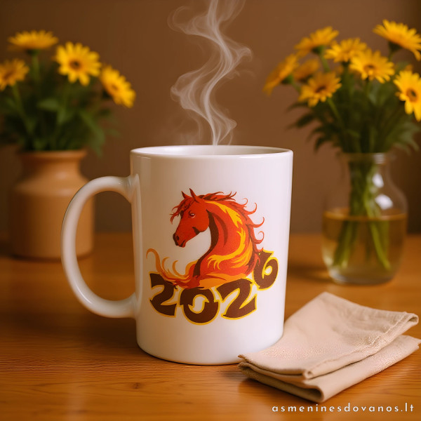Puodelis su ugninio arklio metų atvaizdu ir tematika.