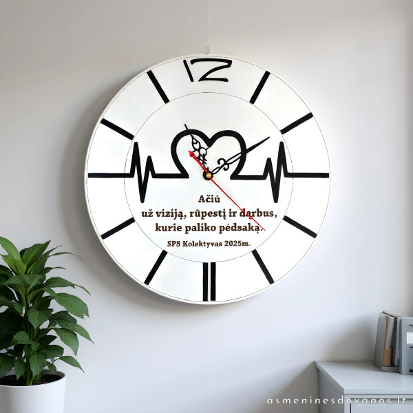 Sieninis laikrodis "Pulsas" puiki dovana daktarui, 35 centimetrų skersmens. Auksinės rodyklės