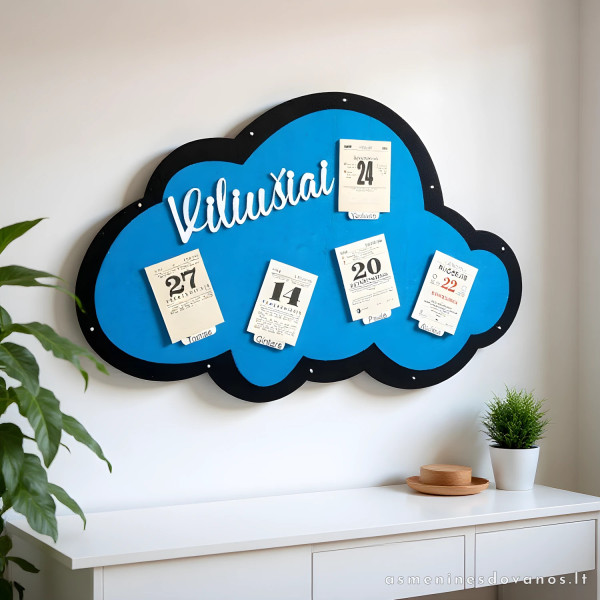 Rėmelis debesėlis, ant kurio užklijuoti kalendoriaus lapeliai su svarbiausiomis datomis
