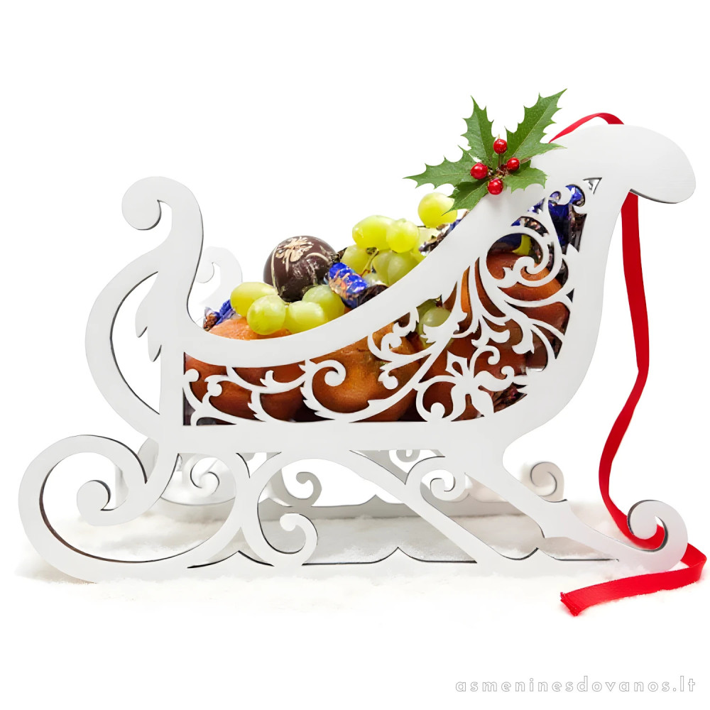 Kalėdų senelio rogės, dekoracija, krepšelis į kurį galima įdėti netgi butelį