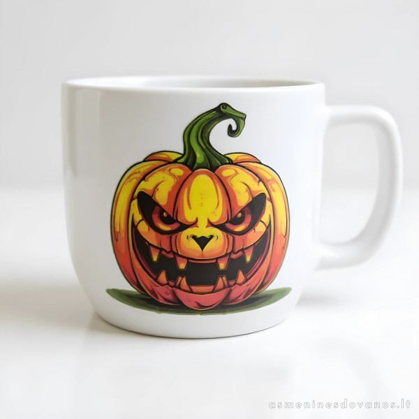 Puodelis su pikto moliūgo atvaizdu. Puikiai tiks helovynui.