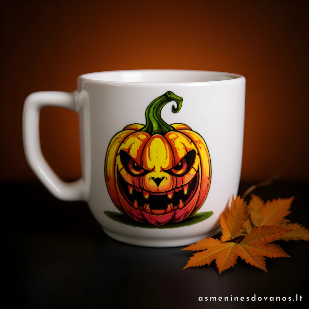 Puodelis su pikto moliūgo atvaizdu. Puikiai tiks helovynui.