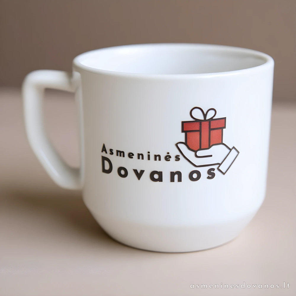Puodelis su įmonės logotipu
