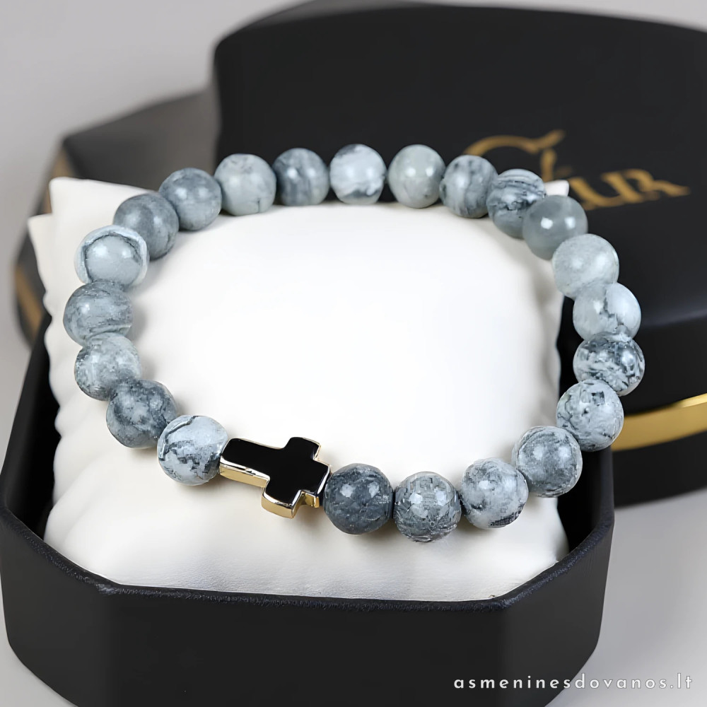 Graviruota apyrankė iš natūralių poliruotų akmenėlių. Dulkių spalvos.