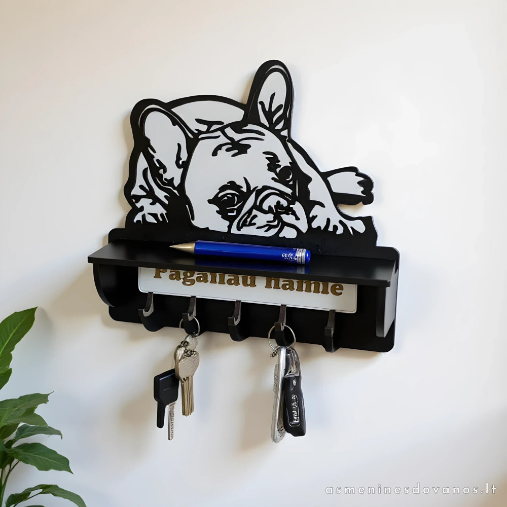 Raktų kabykla su prancūzo buldogo atvaizdu ir graviruotu tekstu.