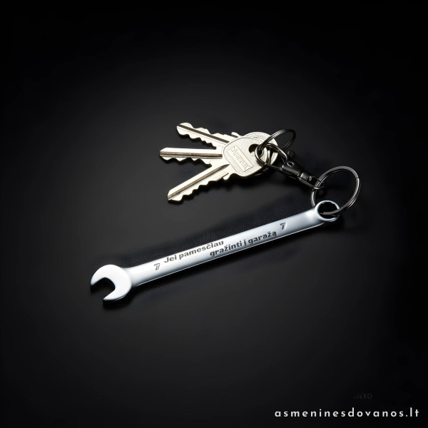 Raktų pakabukas veržliaraktis graviruotas tekstas, prie raktų.
