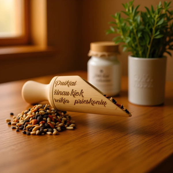 Prieskonių šaukštelis su graviruotu tekstu. Barstyti prieskoniams.