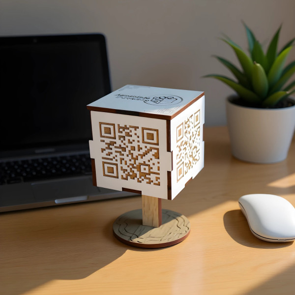 Vizitinė kortelė su graviruotu QR kodu, dedama ant stalo su logotipu