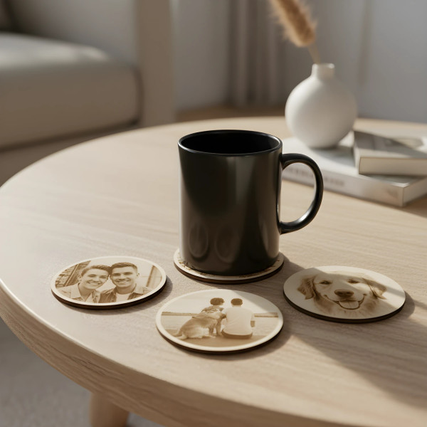 Medinis padėkliukas puodeliui su graviruota nuotrauka. Arbatai, kavai.