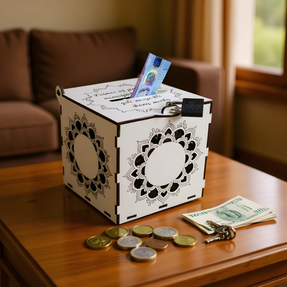 Išvaizdi baltos spalvos taupyklė su graviruotu tekstu, rakinama