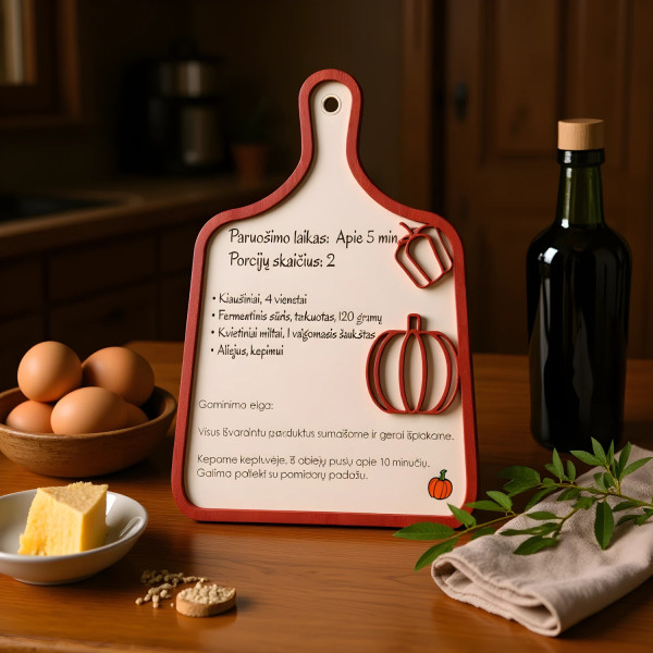 Patiekalo receptas, ant išvaizdžios lazeriu graviruotos lentelės