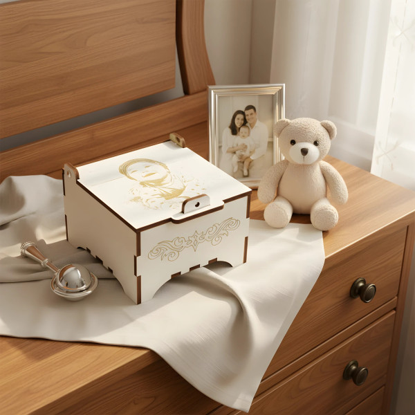 Balta dėžutė su graviruota nuotrauka ir tekstu, palinkėjimu viduje