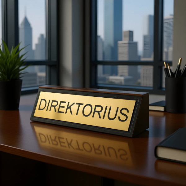 Informacinė lentelė ant stalo, auksinė  pareigoms pažymėti. Graviruota