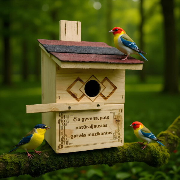 Graviruotas inkilas paukščiams. Išvaizdus tinkantis dovanai įkurtuvėms