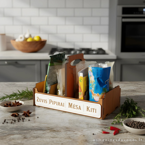 Dėžutė prieskoniams, su graviruotais pavadinimais, dovana šeimai