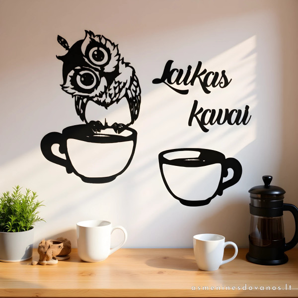 Sienos dekoras su pelėda ir kavos puodeliais, naudojamas jūsų tekstas