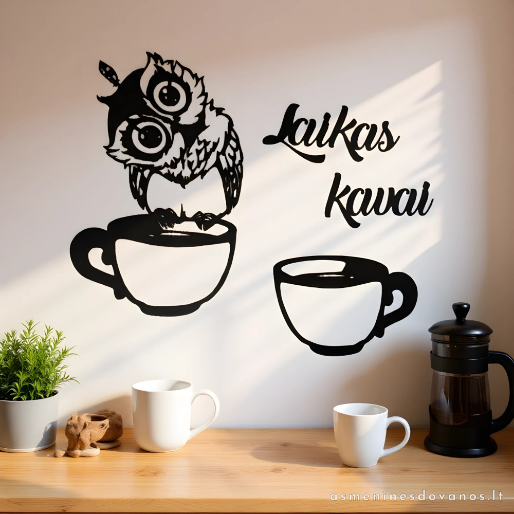 Sienos dekoras su pelėda ir kavos puodeliais, naudojamas jūsų tekstas