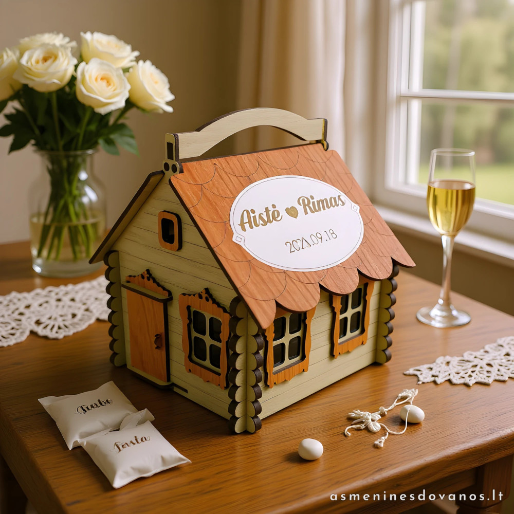 Dėžutė namo formos, su graviruotu tekstu, visoms progoms.