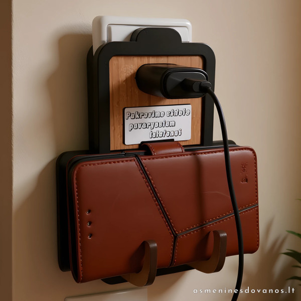 Laikilis telefonui, tvirtinasi kartu su kištuku prie rozetės su tekstu