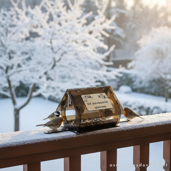 Lesyklėlė iš akrilo, su graviruotu tekstu. Žiemą maitinti paukštelius.