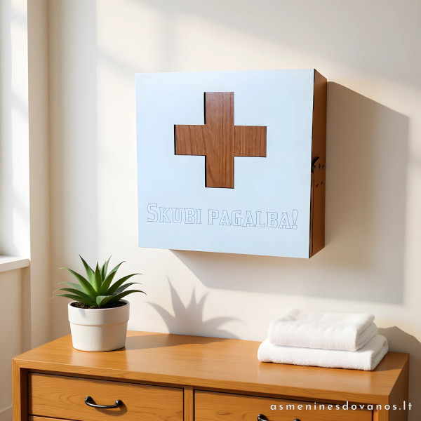 Graviruota vaistinėlė, įmonės logotipu, ar svarbiu užrašu. Kabinama.