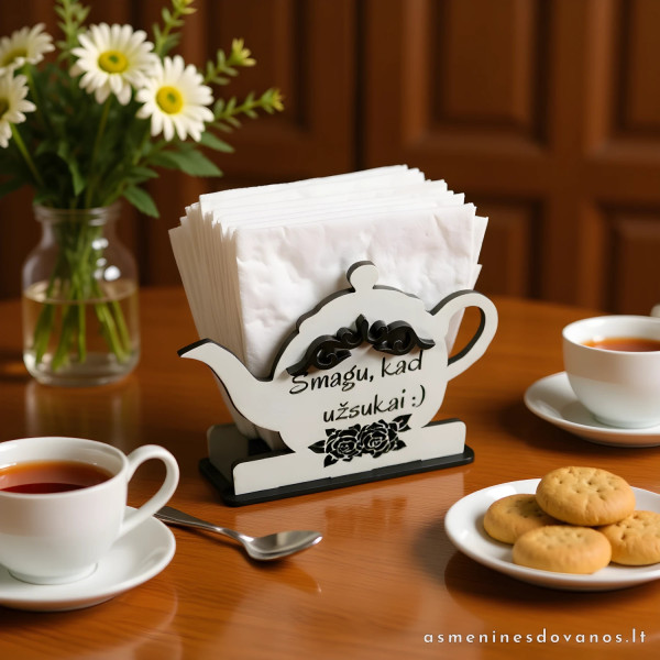 Graviruotas servetėlių dėkliukas arbatinuko formos