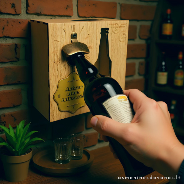 Dėžutė taupyti alaus butelių kamšteliams su atidarytuvu. Alaus mėgėjui