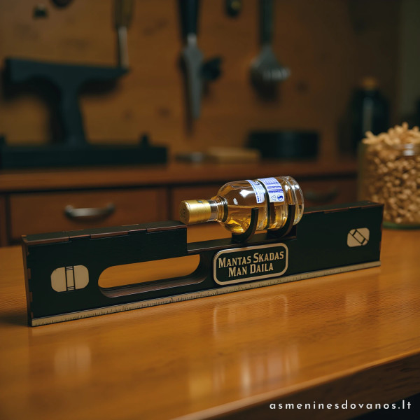 Dekoratyvinis gulsčiukas su mažu degtinės buteliu statybininkui.