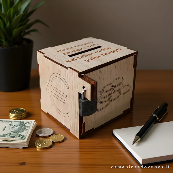 Medinė taupyklė su spynele, dėžutė pinigams.