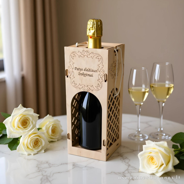 Stilinga dėžute šventiniam buteliui, su graviruotu tekstu
