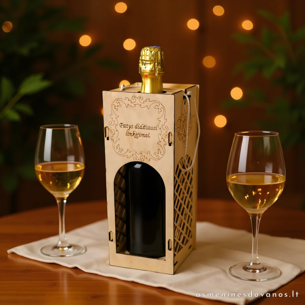 Stilinga dėžute šventiniam buteliui, su graviruotu tekstu