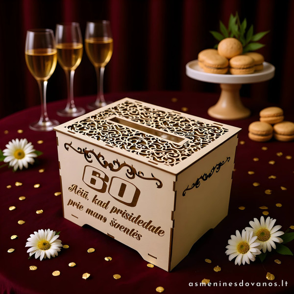 Medinė dėžė dėti svečių vokeliams ar palinkėjimams graviruotas tekstas