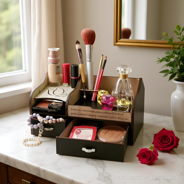 Lentynėlė susidėti kosmetikai su dviem stalčiukais, vieta šepetėliams