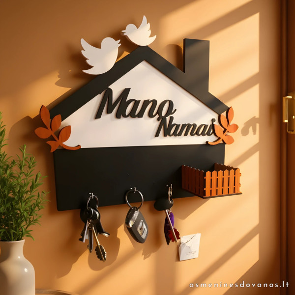 Juoda raktų kabykla raktams kabinti, su norimu tekstu. Trys kabliukai