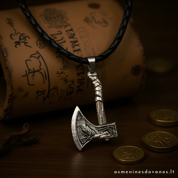 Pakabukas kirvio formos su graviruotomis ašmenimis, kabinas ant kaklo.