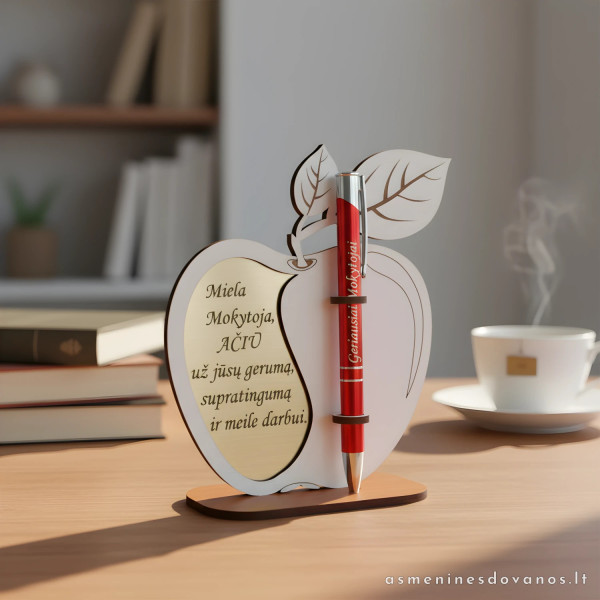 Obuolys, padėka su graviruotu tekstu ir rašikliu, mokytojui ir ne tik.