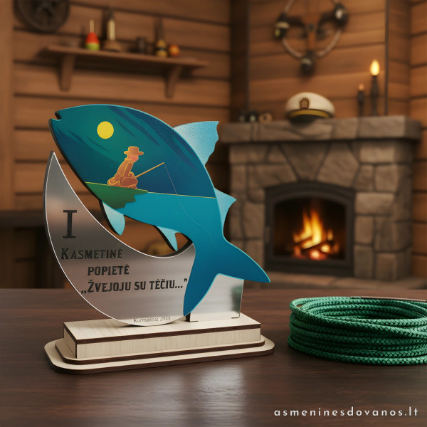Apdovanojimas, statulėlė apdovanoti žvejus per žūklės varžybas. Spausdinama grafika.