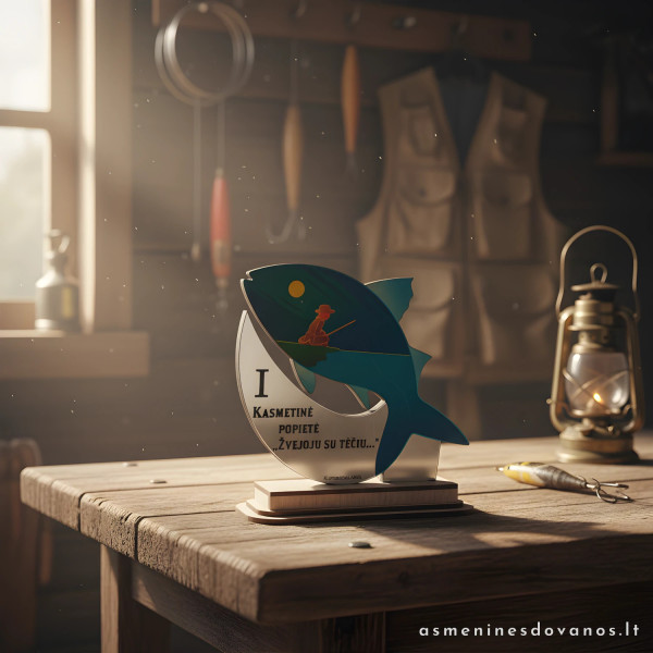 Apdovanojimas, statulėlė apdovanoti žvejus per žūklės varžybas. Spausdinama grafika.