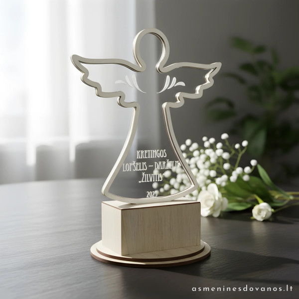 Apdovanojimas, angelas. Su graviruotu tekstu ant plexiglass stiklo skaidraus. Ant ąžuolo late spalvos pado.