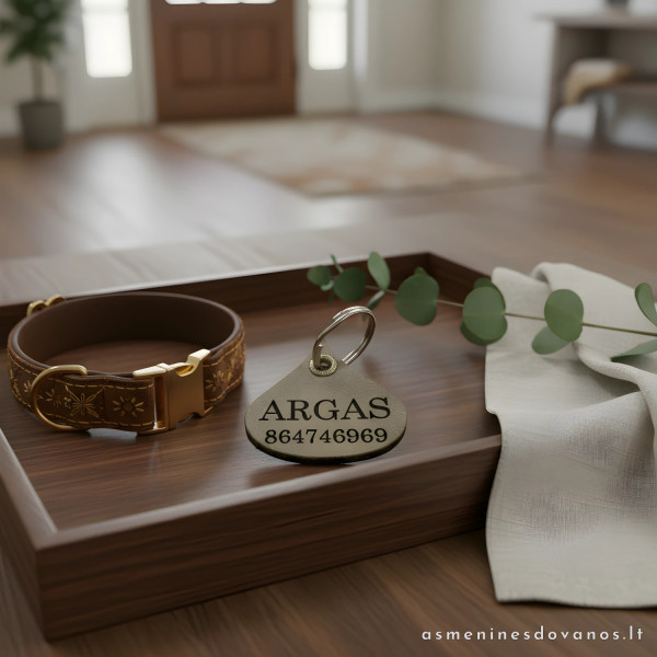 ID pakabukas odinis 3 milimetrų storio. Graviruotas, katėms šunims