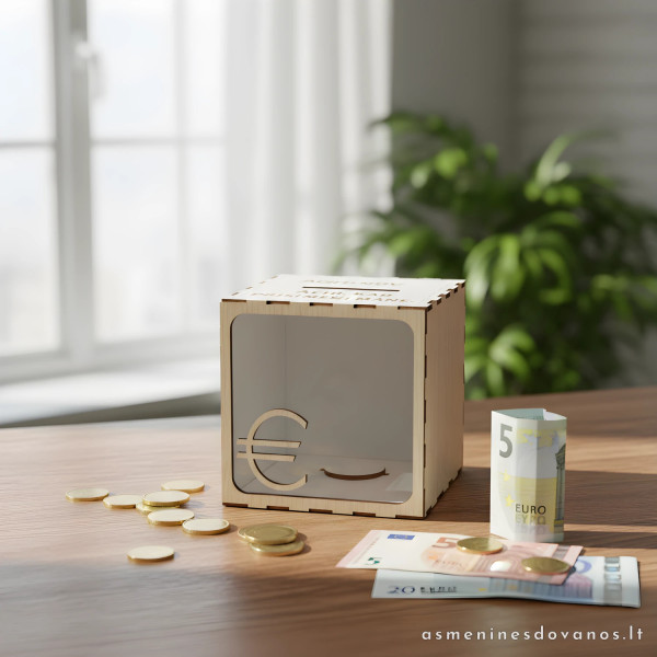 Išvaizdi baltos spalvos taupyklė su graviruotu tekstu, permatoma.