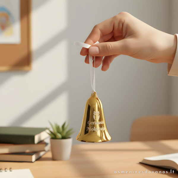 Graviruotas keramikinis varpelis aukso spalvos su kaspinu. Mokytojai.