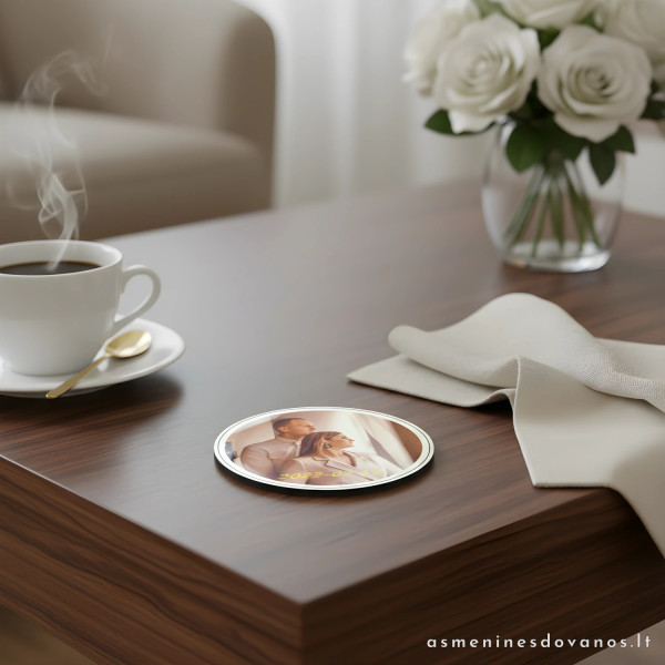 Medinis padėkliukas puodeliui su sublimuota nuotrauka. Arbatai, kavai.