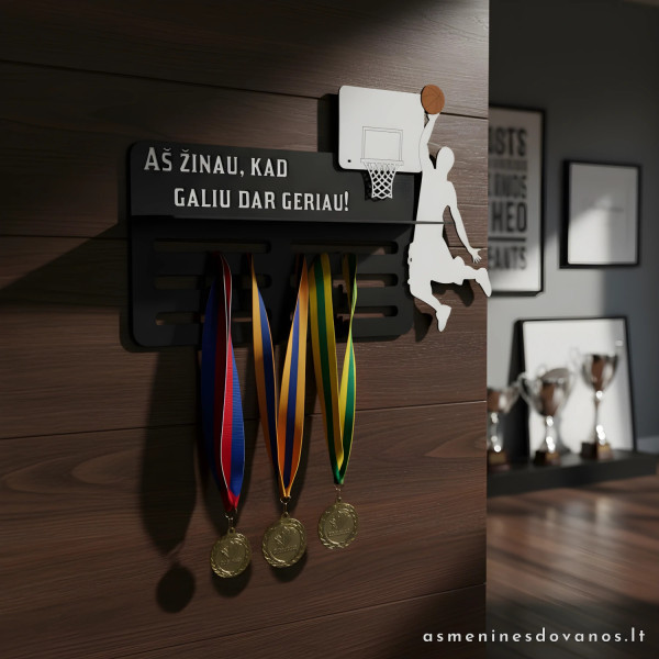 Medalių kabykla krepšininkams, futbolininkams. Graviruojamas tekstas.