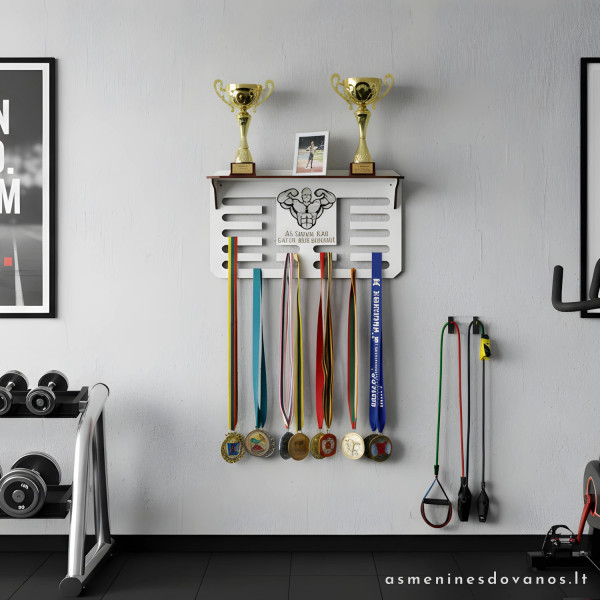 Medalių kabykla galiūnams - svorių kilnotojams, dekoruota raumeningu galiūno profiliu, tinka vyrams ir moterims